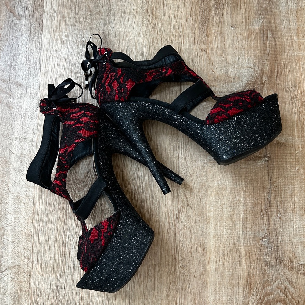 Pleaser Glitter Heels - Black & Red Lace
